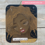 Artistic depiction of a woman's face with 'I am a radiant being' text, on a wooden surface.