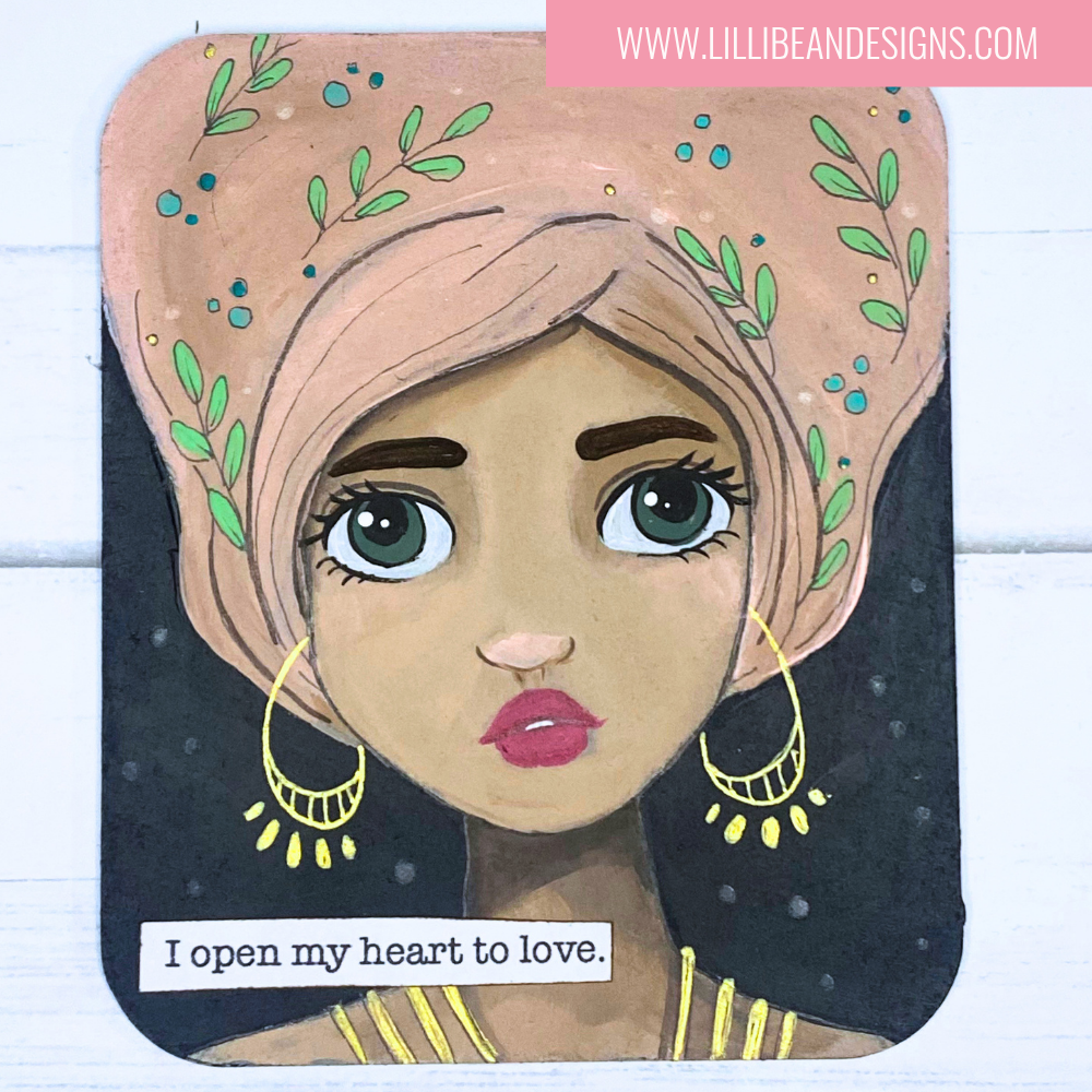 Illustration of a woman with green eyes and pink hair, wearing gold hoop earrings, on a white background with text 'I open my heart to love.'.