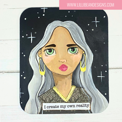 Artistic depiction of a woman's face with a motivational quote on a wooden background, featuring the artist's website.