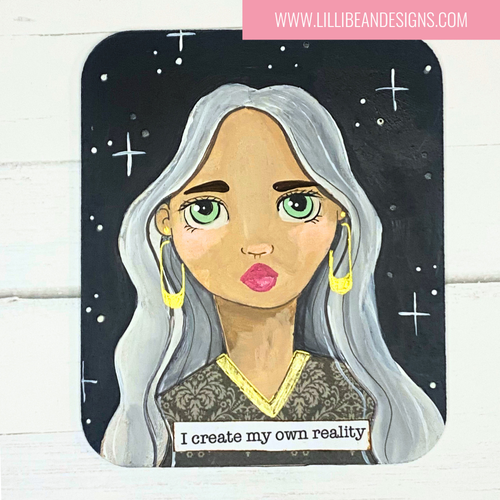 Artistic depiction of a woman's face with a motivational quote on a wooden background, featuring the artist's website.