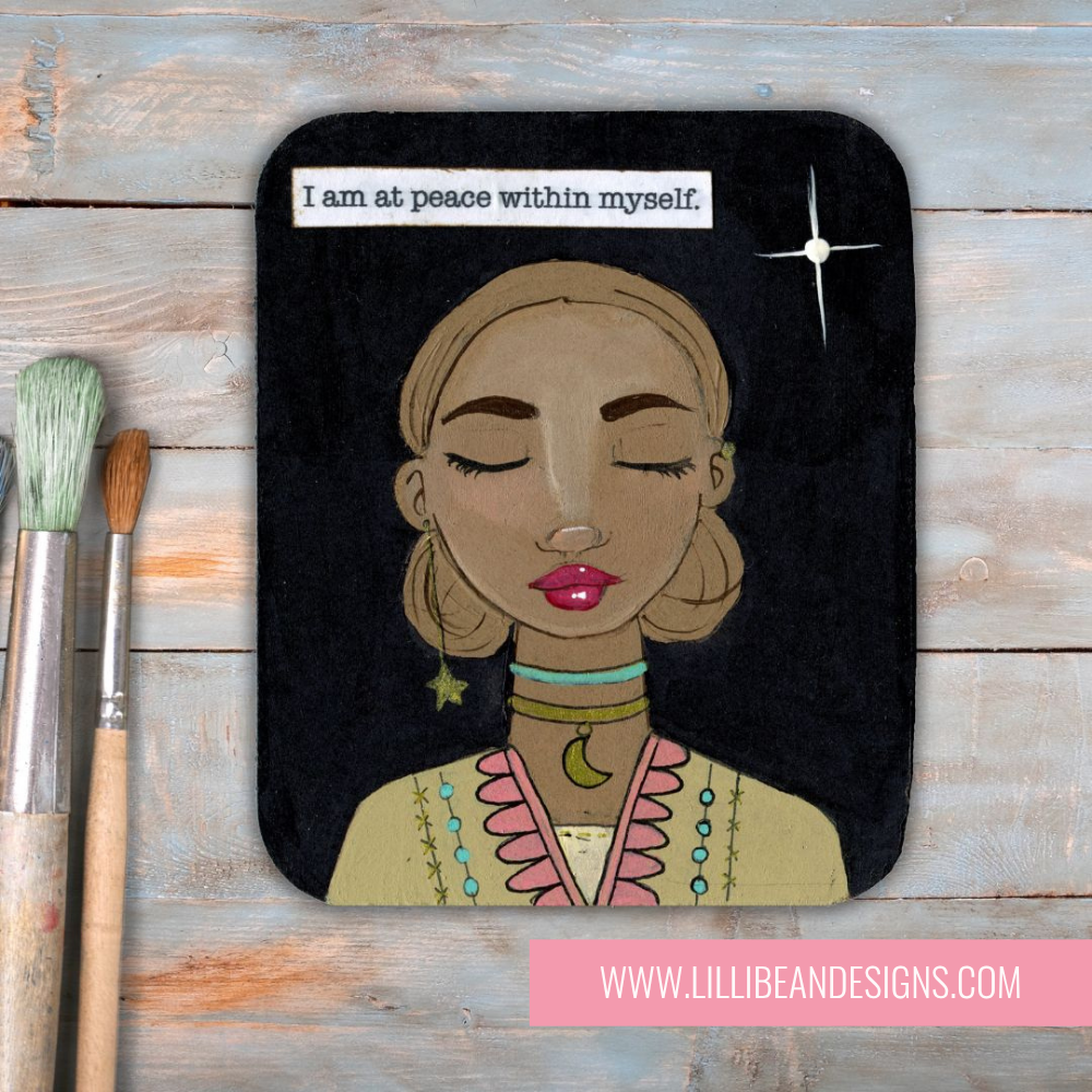 Artistic depiction of a woman's face with a motivational quote on a wooden background, featuring the artist's website.