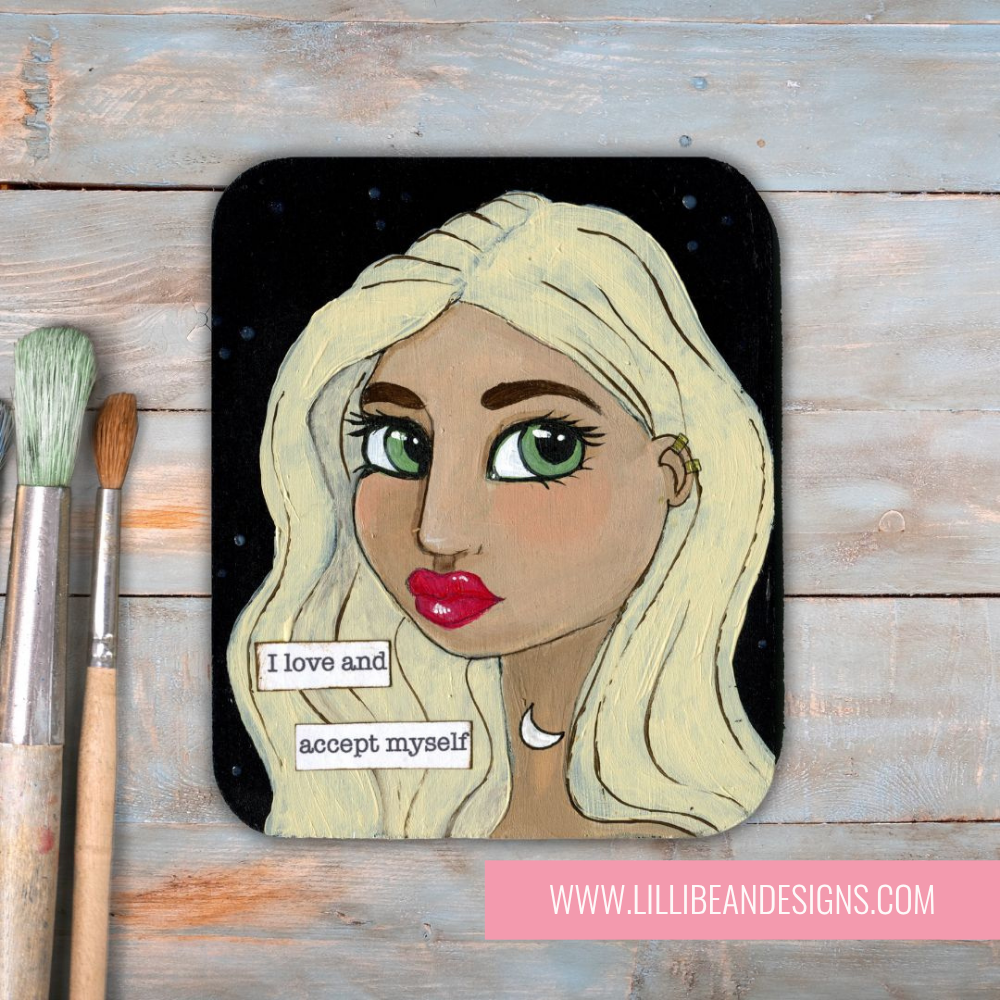 Artistic depiction of a woman's face with a motivational quote on a wooden background, featuring the artist's website.