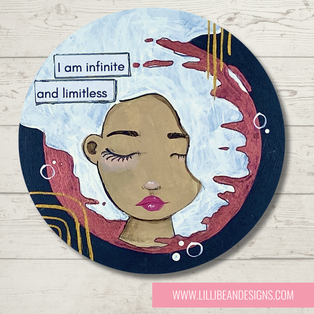 Artistic depiction of a woman's face with a motivational quote on a wooden background, featuring the artist's website.