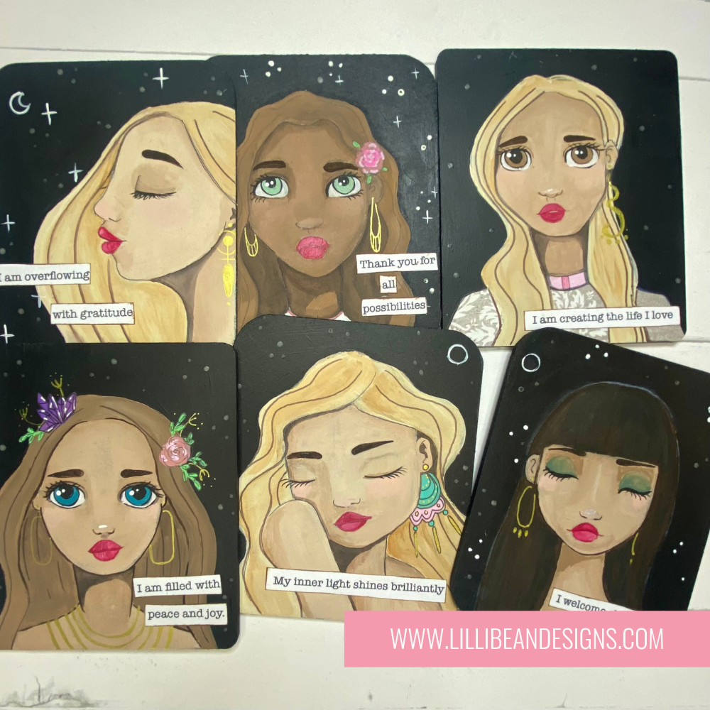 Set of soul manrtas with illustrated women's faces and empowering phrases on a white background.