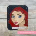Artistic depiction of a woman's face with a motivational quote on a wooden background, featuring the artist's website.