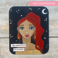 Artistic depiction of a woman with red hair and blue eyes on a dark background with stars and a moon, featuring the text 'My possibilities are endless.'.