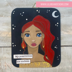 Artistic depiction of a woman with red hair and blue eyes on a dark background with stars and a moon, featuring the text 'My possibilities are endless.'.