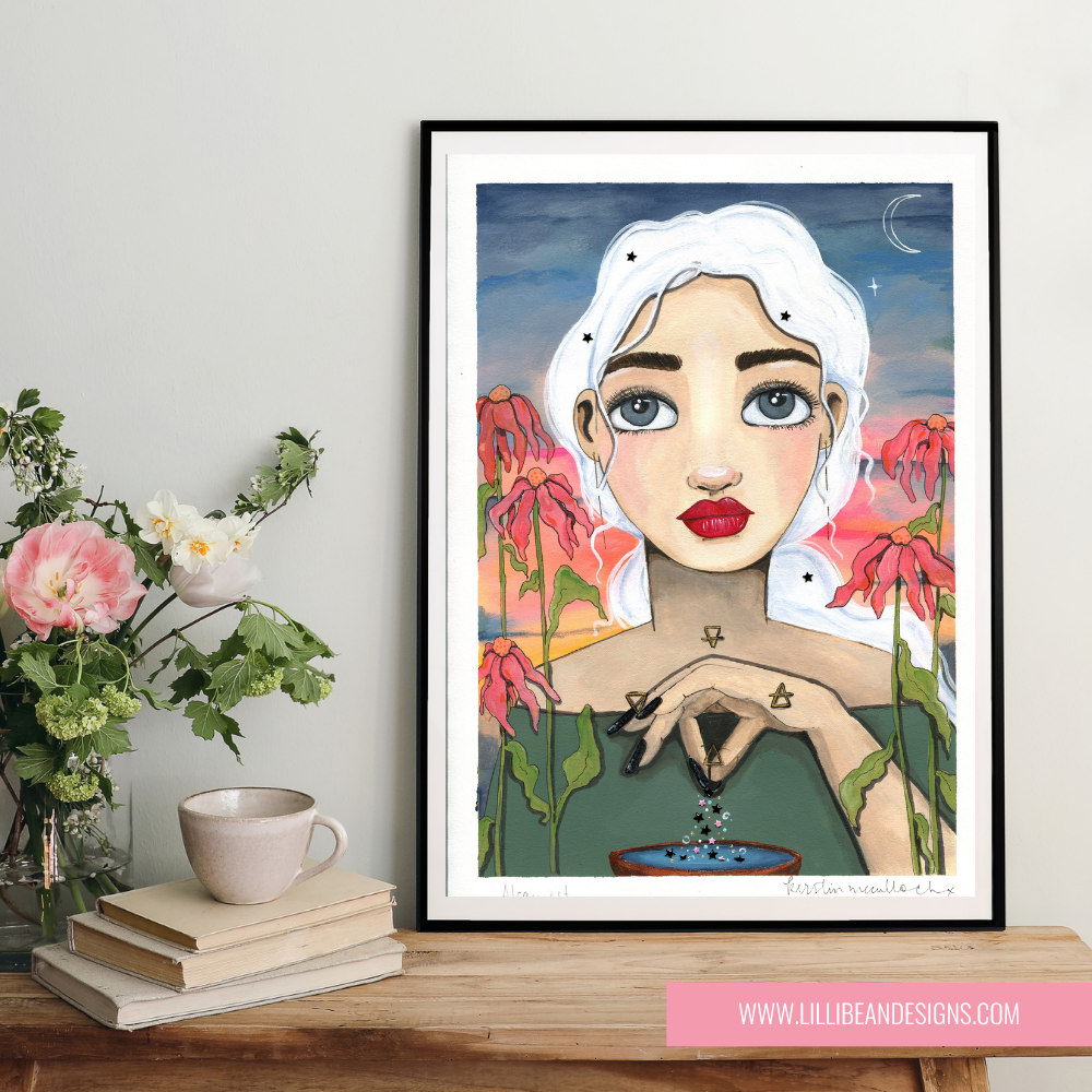 Framed artwork of a stylized woman with flowers on a shelf with books and a cup.