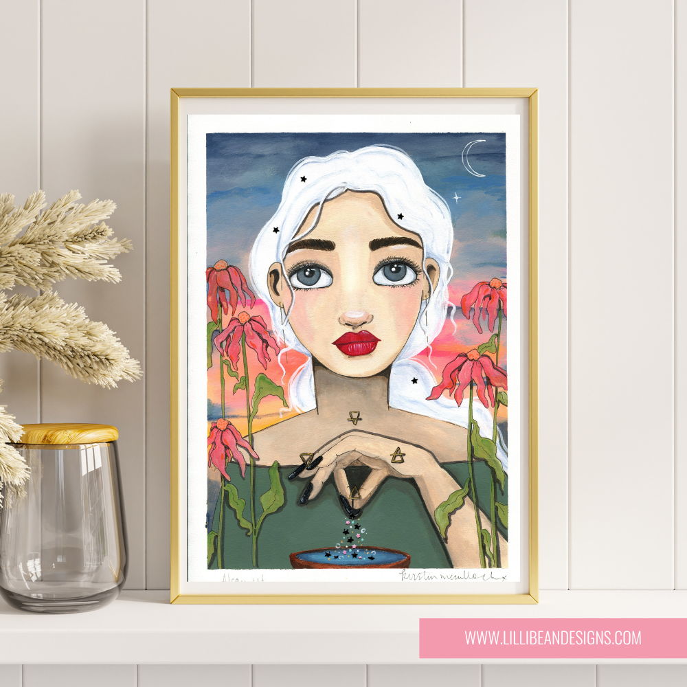 framed painting of a white haired girl stirring a spell with elemental symbols floating in the sky 
