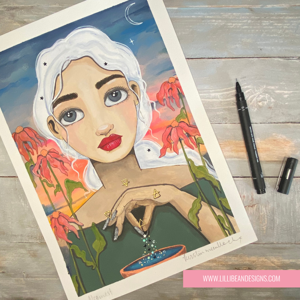 painting of a white haired girl stirring a spell with elemental symbols floating in the sky 