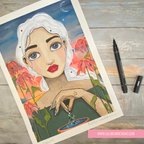 painting of a white haired girl stirring a spell with elemental symbols floating in the sky 