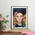 artwork of a woman with flowers in her hair on a white wall.