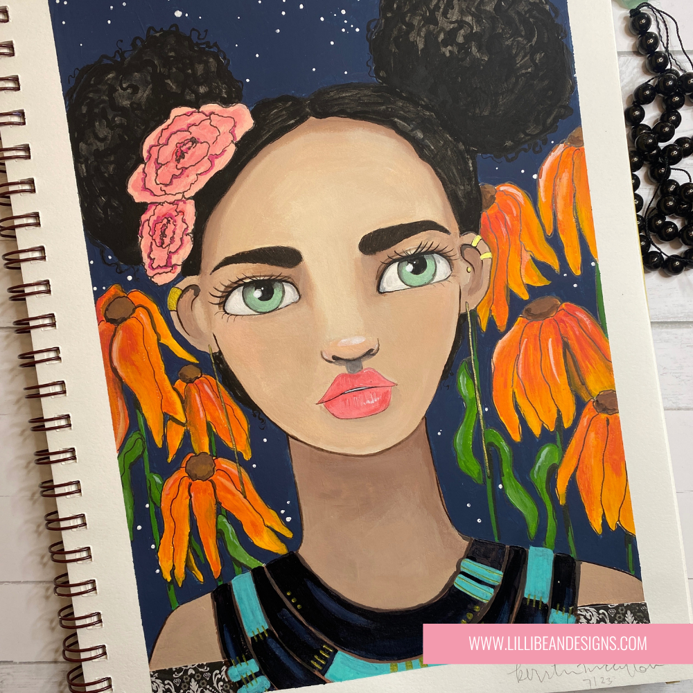 artwork of a woman with flowers in her hair on a white wall.