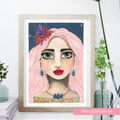 artwork of a woman with flowers in her hair on a white wall.