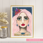 artwork of a woman with flowers in her hair on a white wall.