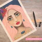 artwork of a woman with flowers in her hair on a white wall.