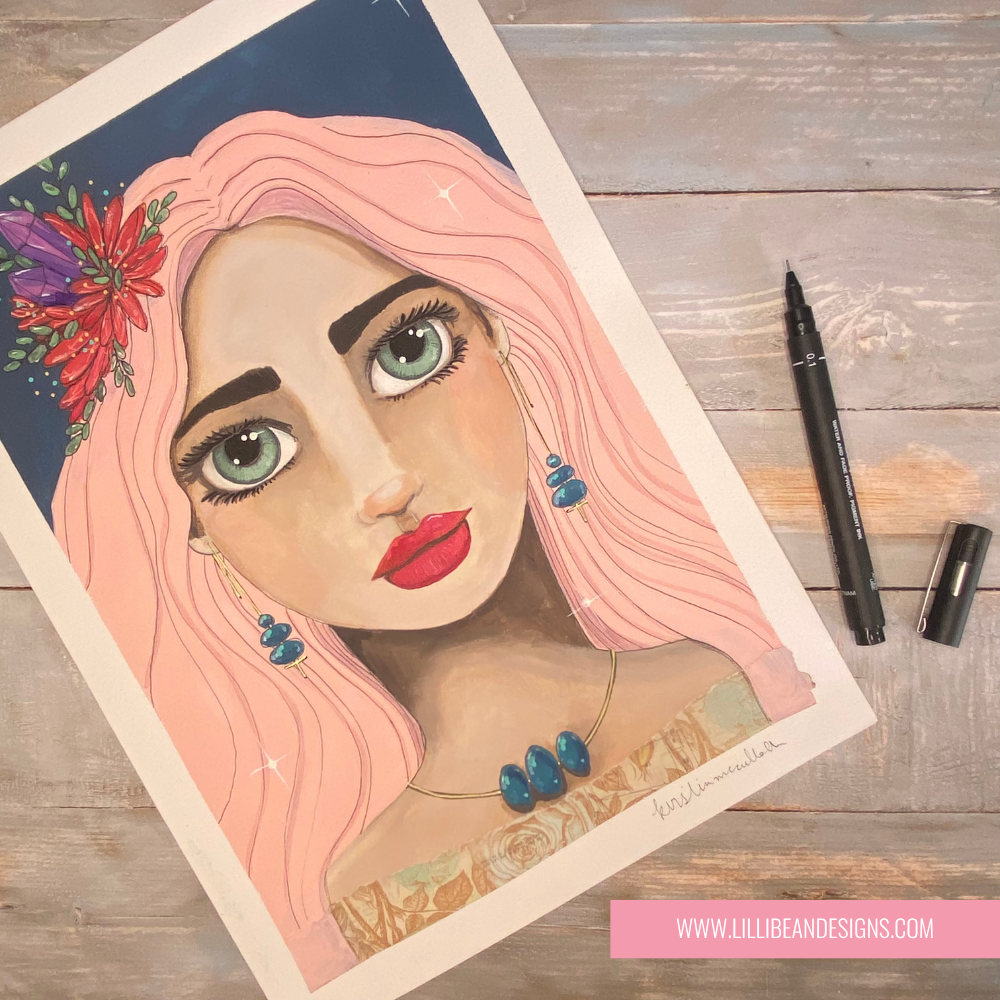 artwork of a woman with flowers in her hair on a white wall.