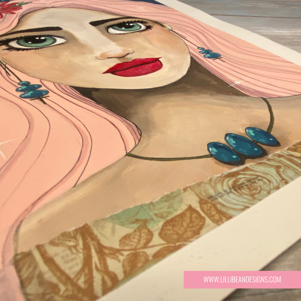 Illustration of a woman with pink hair and red lipstick, wearing blue earrings, on a floral background.