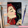 Artistic depiction of a woman with red hair holding a dandelion on a wooden surface with painting tools.