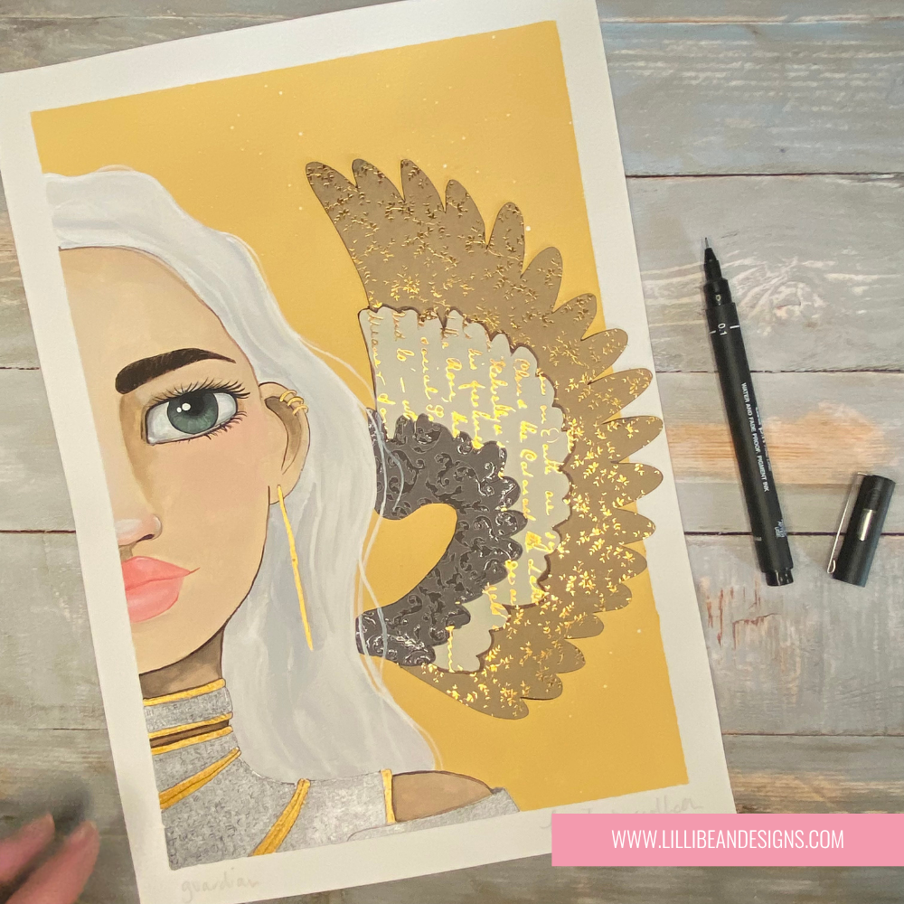 Illustration of a woman with a decorative angel wing on a yellow background, with a pen and ink bottle on a wooden surface.