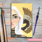 Artistic depiction of a woman with a large feathered headdress on a wooden surface with art supplies.