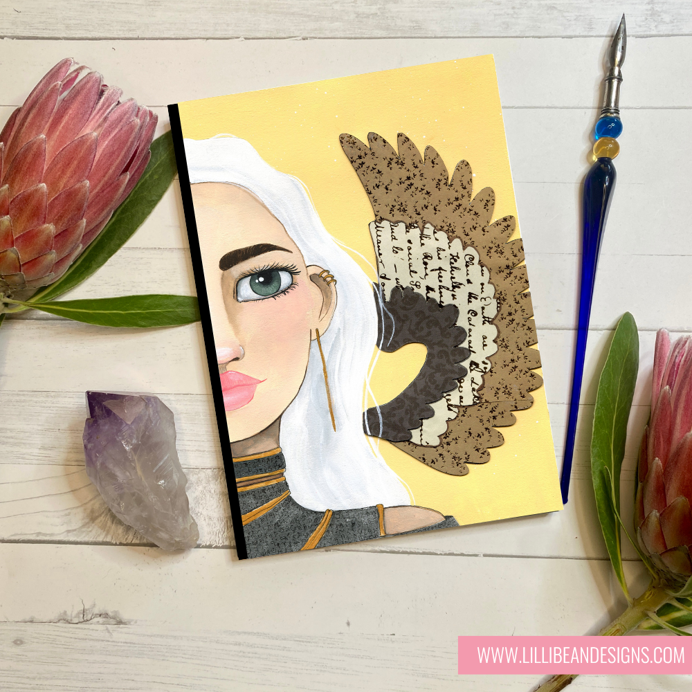 Illustration of a woman with a white headscarf and feather on a yellow background, surrounded by flowers and a pen.