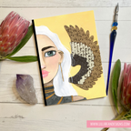 Illustration of a woman with a white headscarf and feather on a yellow background, surrounded by flowers and a pen.