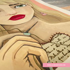 Illustration of a woman with red lipstick holding a needle and thread, with text on the fabric.