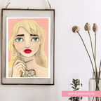 Illustration of a woman with red lipstick holding a needle and thread, with text on the fabric.