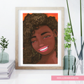 Illustration of a woman with curly hair on a wooden surface with art supplies.