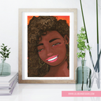 Illustration of a woman with curly hair on a wooden surface with art supplies.