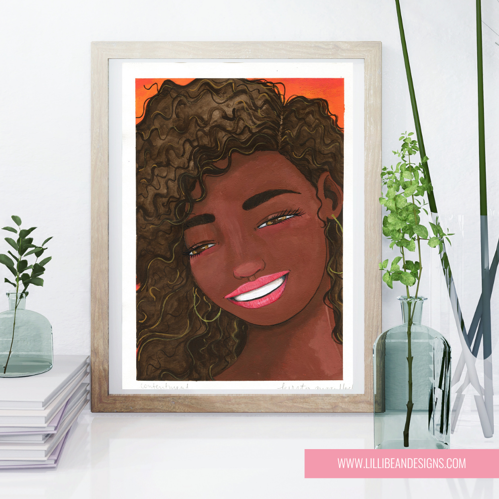 Illustration of a woman with curly hair on a wooden surface with art supplies.