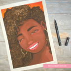 Illustration of a woman with curly hair on a wooden surface with art supplies.