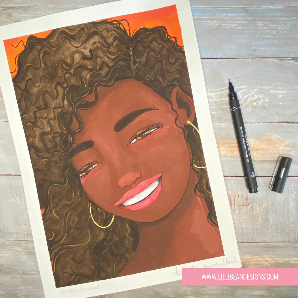 Illustration of a woman with curly hair on a wooden surface with art supplies.