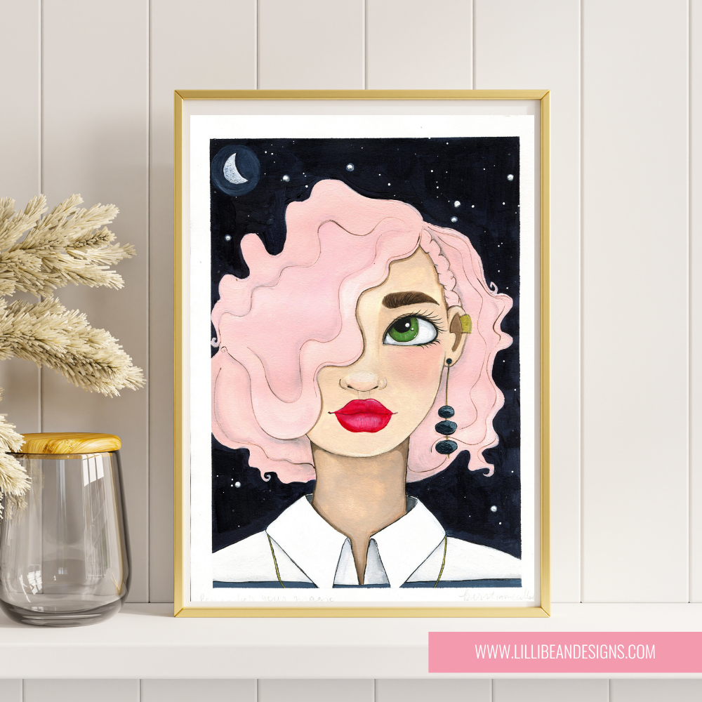 framed Illustration of a person with pink hair and green eyes on black night background