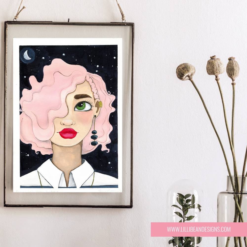 framed Illustration of a person with pink hair and green eyes on black night background