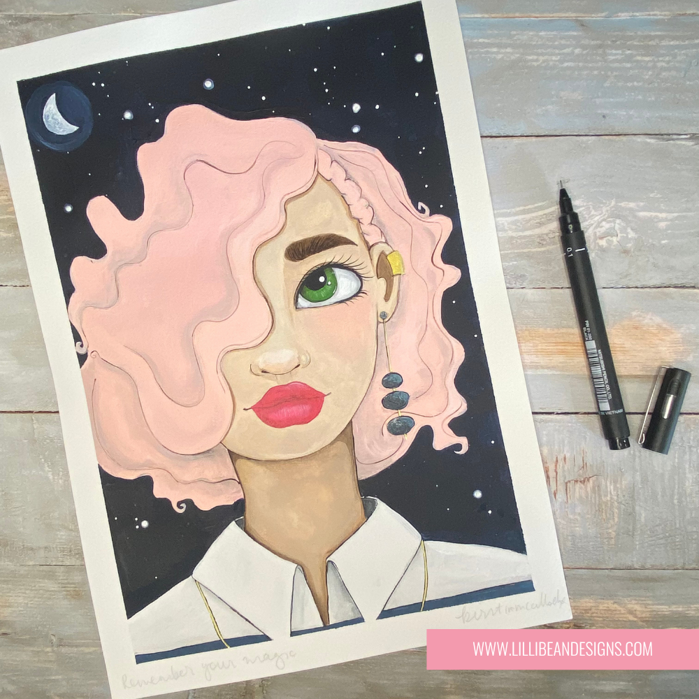 Illustration of a person with pink hair and green eyes on a wooden surface with markers.