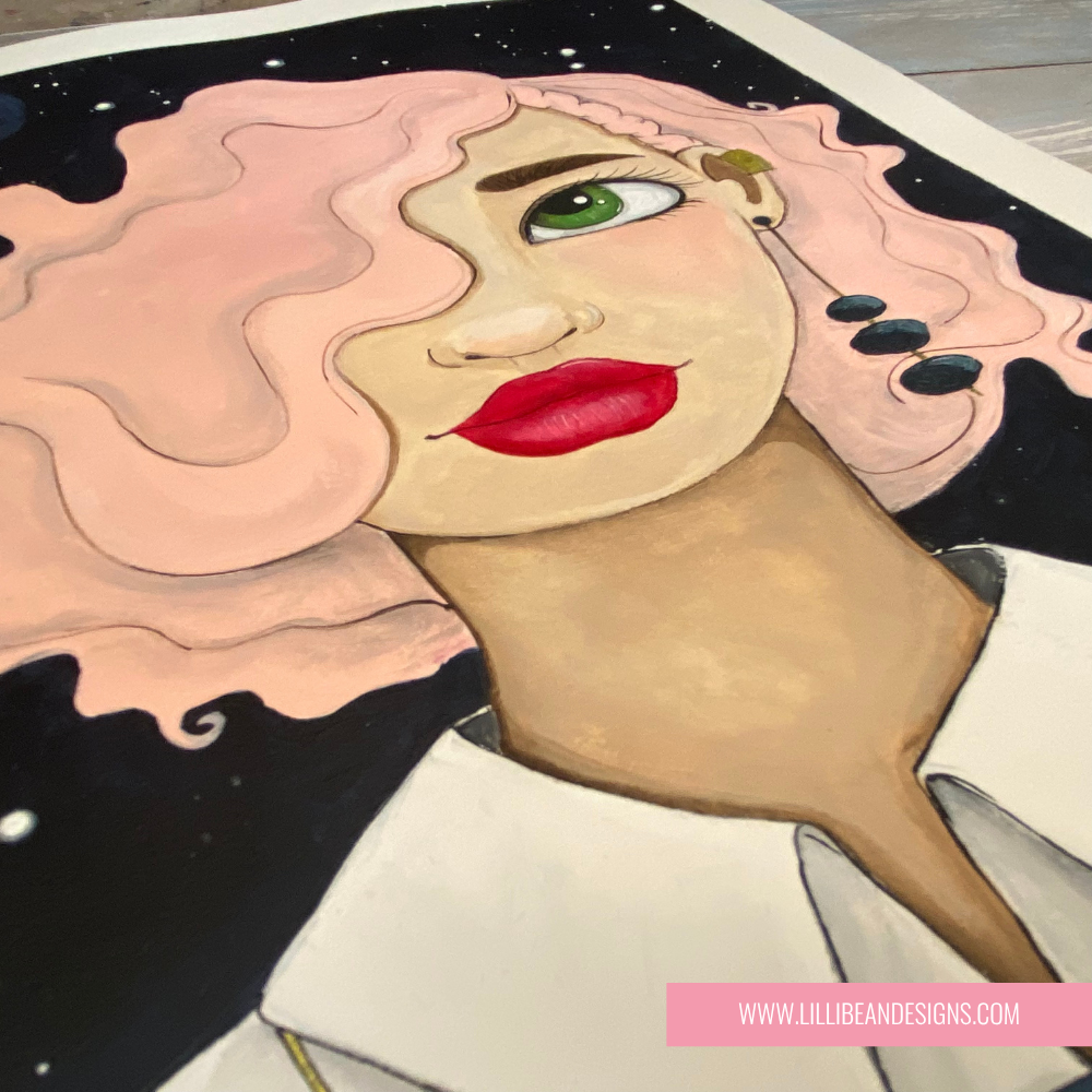 framed Illustration of a person with pink hair and green eyes on black night background
