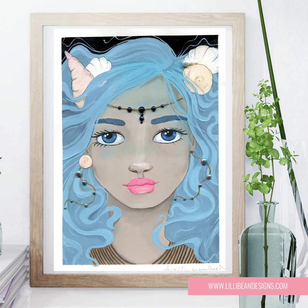 framed Mermaid illustration with blue hair and colourful beads on a string