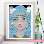framed Mermaid illustration with blue hair and colourful beads on a string