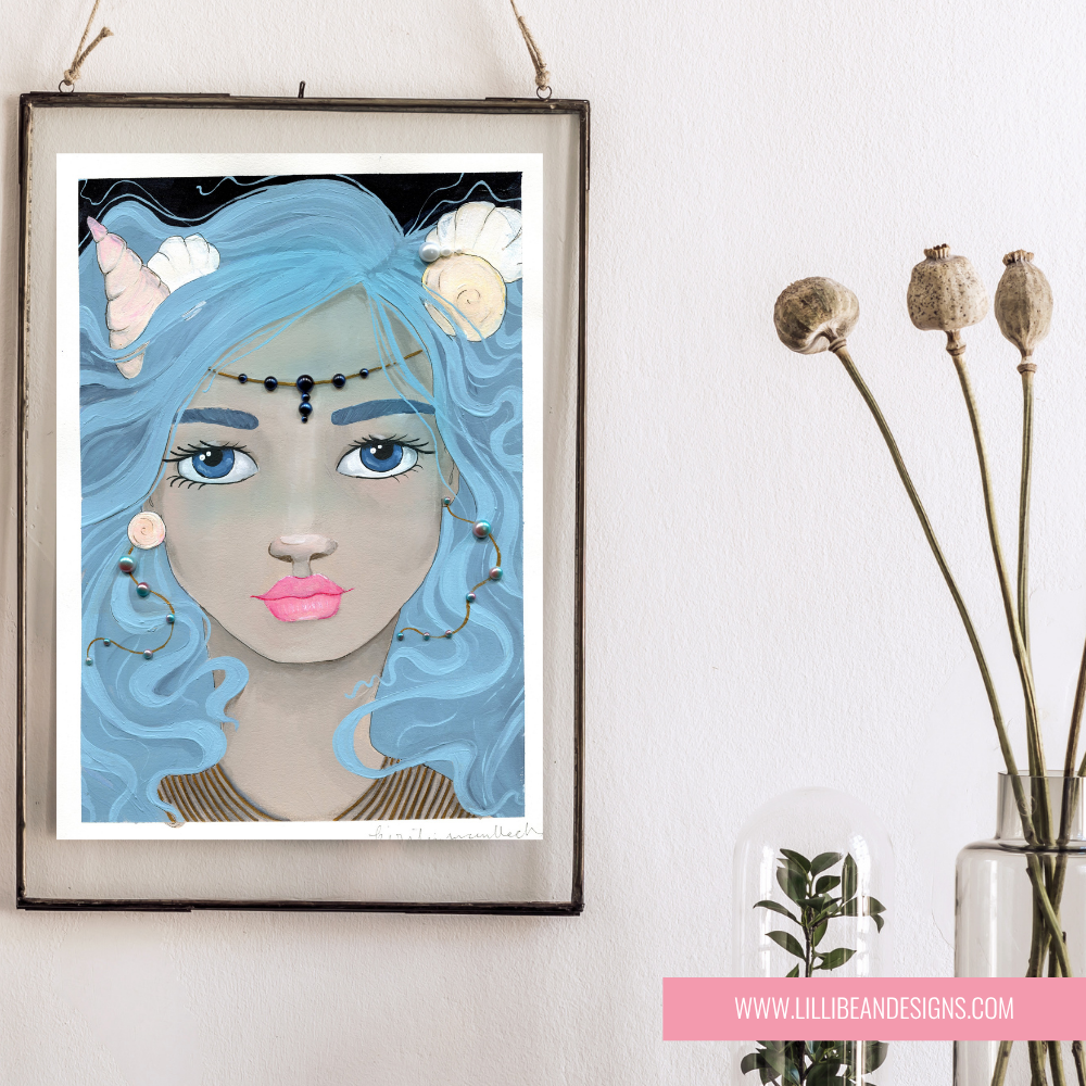 Mermaid character with blue hair and colourful beads on a string