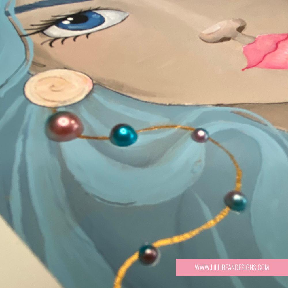 Mermaid character with blue hair and colorful beads on a string