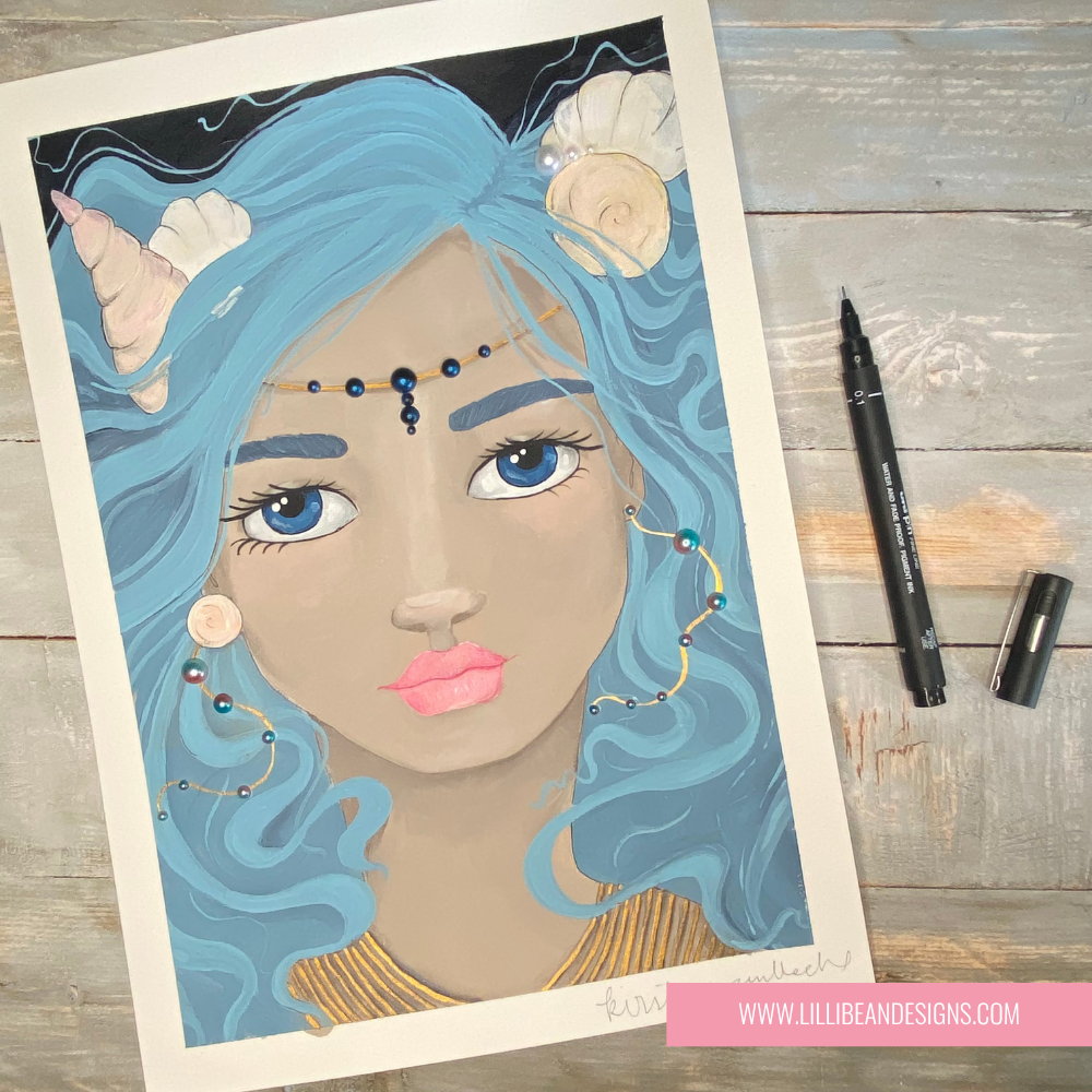 Mermaid character with blue hair and colourful beads on a string