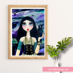 Framed artwork of a woman with a bird on her hand against a colorful background, displayed on a white wall.