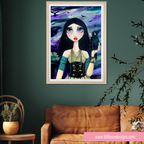 Framed artwork of a stylized woman with dark hair and a blue top, held by a crow, on a green wall above a brown leather sofa.