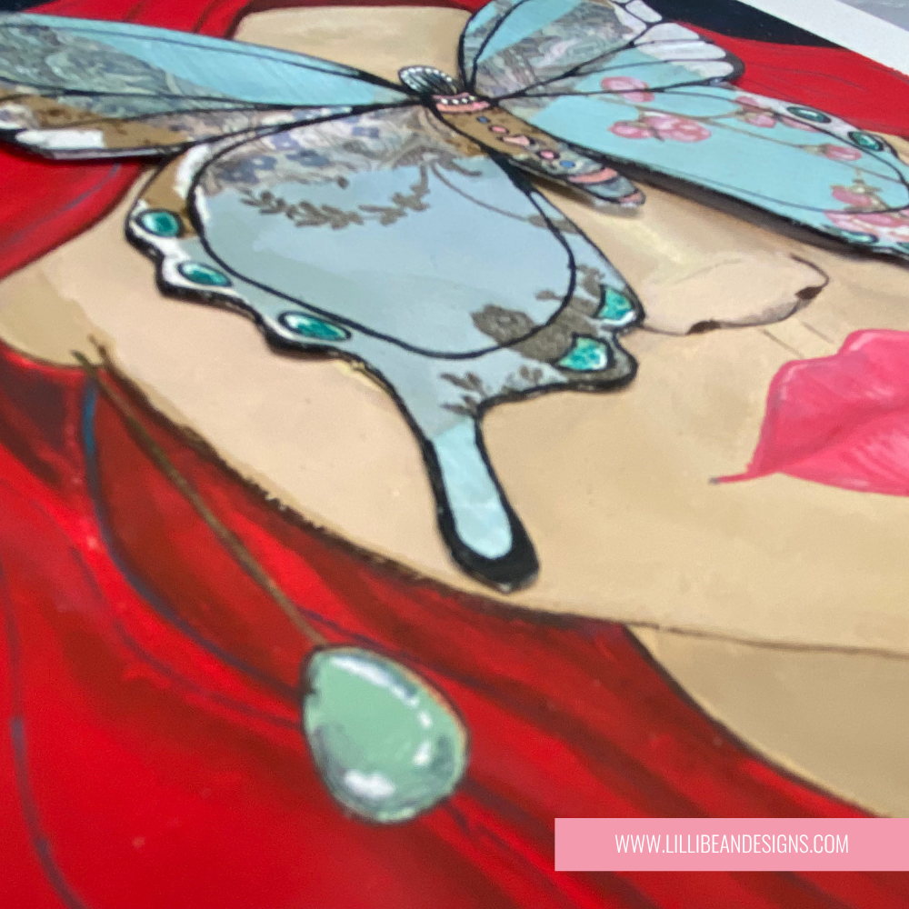 close up artwork of a woman with red hair and a butterfly on her face,