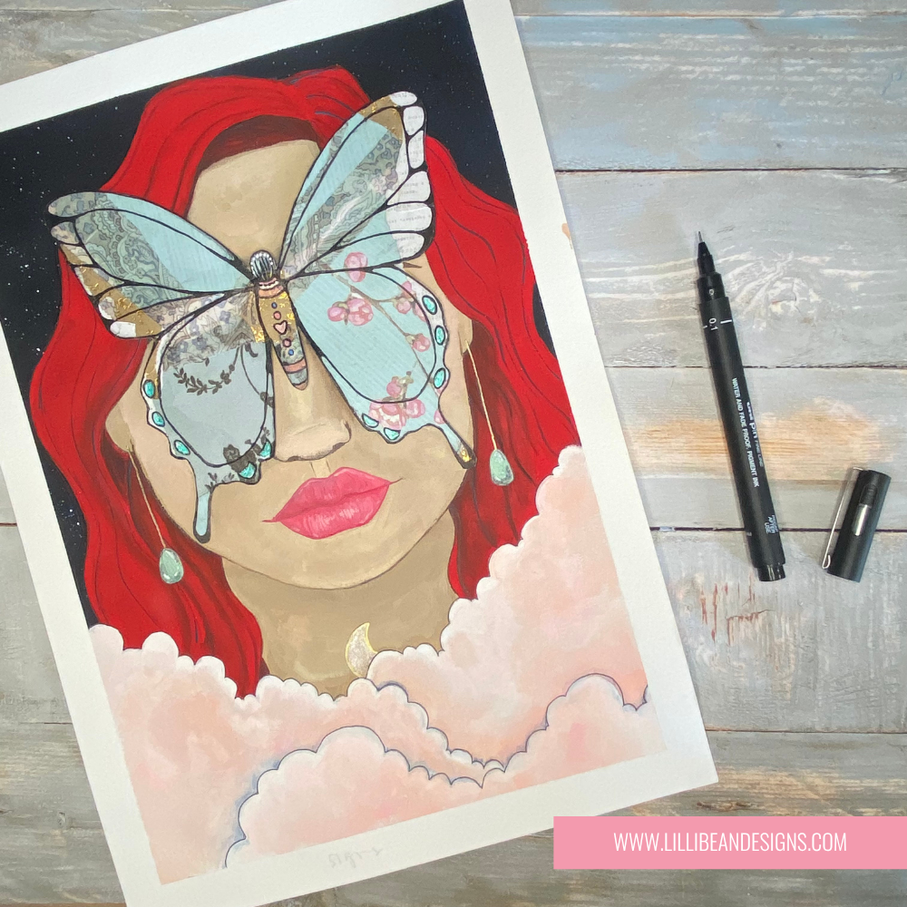 artwork of a woman with red hair and a butterfly on her face,
