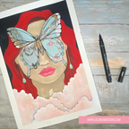 artwork of a woman with red hair and a butterfly on her face,