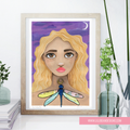 framed image of a girl with a dragonfly purples golds and collage
