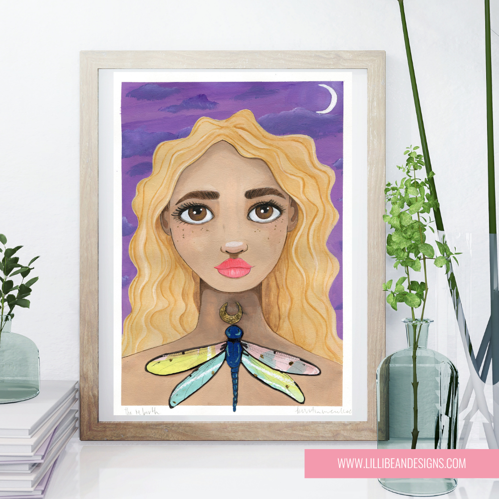 framed image of a girl with a dragonfly purples golds and collage